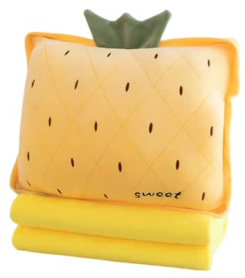Rikyo 38,1 cm Gefüllte Obst-Reisedecke und Kissen-Set, 3-in-1 Plüsch gefülltes Umarmungskissen mit wärmender Handdecke für Kinder Geschenk Reise Flugzeug Zug Bett Büro Nickerchen (Gelb - Ananas)