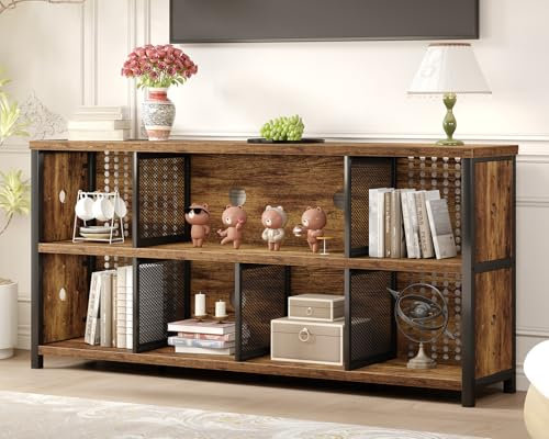 LVB Rustic Brown Bookcase, Wooden Standing Open Bookshelf, Cube Shelf with 2 Levels, Display Cabinet with 8 Open Compartments, Standing Shelf for Living Room, Office, Study, 160 x 34 x 76 CM