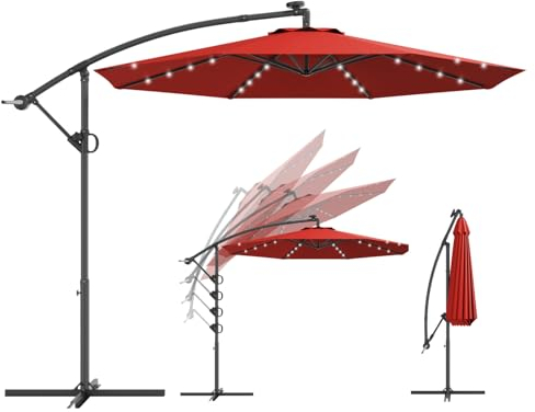 RELAX4LIFE Sonnenschirm 300 CM, 360° Drehbar Gartenschirm mit 32 Lichter, Kurbel & 8 Schirmrippen, UV-Schutz & stabilem Ständer, einstellbare Höhe & Winkel für Garten, Terrassen, Schwimmbad (Weinrot)