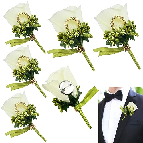 JUNMEIDO 6 Stück Boutonniere Rose Weiß Hochzeit Boutonniere Handarbeit Corsage Knopfloch Blumen Künstliche Hochzeit Prom Bankett Blumen Dekor mit Schleife & Clip für Bräutigam Herren Braut Frauen