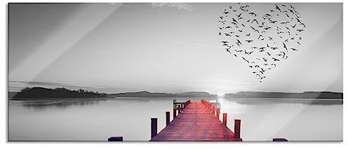 Pixxprint Glasbild Panorama, Wandbild aus Echtglas, Steg mit Vogelschwarm in Herzform B&W Detail, 100x40 cm, inkl. Aufhängung und Abstandshalter
