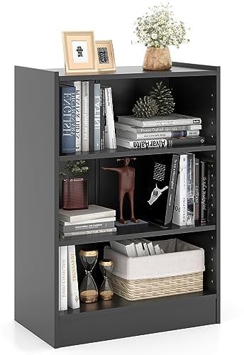 COSTWAY 3-Tier Cube Bookcase, Wooden Storage Bookshelf Open Shelving Unit with Adjustable Shelves and Anti-Toppling Device, Cube Storage Cabinet Organizer for Living Room Bedroom Office (Black)