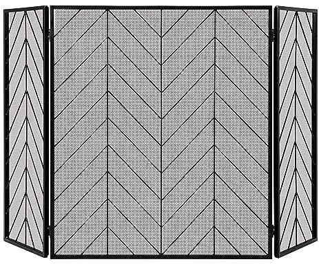 COSTWAY Pantalla de Chimenea de 3 Paneles de 78 x 133 cm, Pantalla Plegable de Malla de Hierro Forjado con Bisagras Flexibles, Cubierta de Chimenea de Metal Resistente con Marco Robusto (Negro)