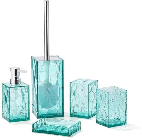 Clear Acrylic Bathroom Accessories Set - Rust-Free, Transparent Design - Includes Soap Dispenser, Toothbrush Holder, Cup, Soap Dish, and Toilet Brush 5-Piece (Teal Blue)