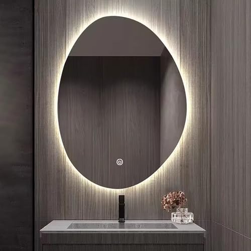 Ovaler Unregelmäßiger LED-beleuchteter Spiegel, Moderner Asymmetrischer Badspiegel, 3 Farben LED Dimmbar, Anti-Beschlag, 40x60cm/50x70cm/60x80cm/70x90cm, Hint(Size:70x90cm/27.6x35.4in,Color:3 colours)