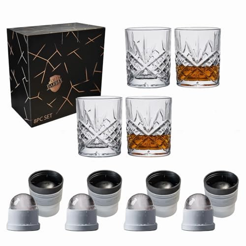 OLD BARREL Whiskey Glasses Set of 8 (4 Glasses with 4 Ice Ball Molds) 10oz Old Fashioned Crystal Glasses Gift Box – Bourbon, Scotch, Cocktail Rocks Glas – Gifts for Men, Dad, Birthday, Father’s Day