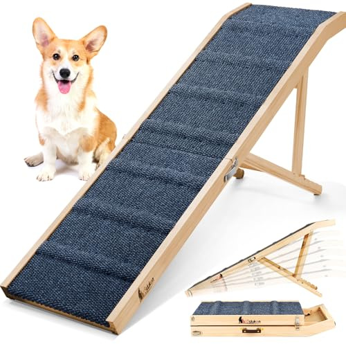 𝟐𝟎𝟐𝟔 𝐔𝐩𝐠𝐫𝐚𝐝𝐞𝐝 Dog Ramp for Bed, 64 Long Foldable Pet Ramp for Small Large Dogs, Dog Ramps for High Beds Car, High Traction with Platform 6 Adjustable Heights 24 to 30 Up to 220LBS, Wood