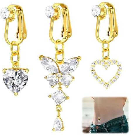 TINGTING 3 Stück Fake Bauchnabelpiercing Gold – Clip On Bauchnabelpiercing Ohne Loch, Schmetterling Herz Mond Design, Fake Piercing Für Damen Frauen