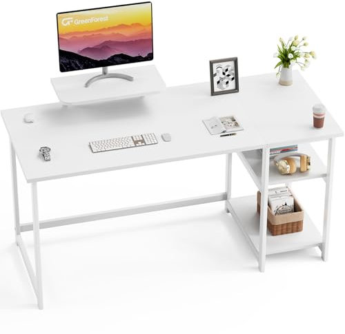 GreenForest Escritorio de Computadora con Reversible Estantes de Almacenamiento, Mesa de Oficina para Ahorro de Espacio y, Mesa de Estudio Pequeña para Sencillo Montaje, Blanco Puro