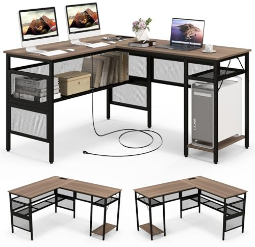 GIANTEX Bureau d’Angle Réversible, Bureau Gaming en L avec Étagères de Rangement, Support de CPU, Table d’Ordinateur pour Chambre, Studio,120 x 140 cm, Gris