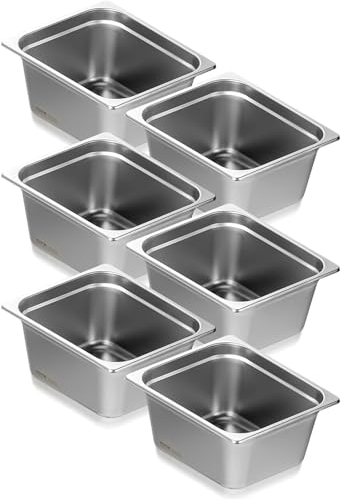 VEVOR Bac Gastronorme GN 1/2 Lot de 6, Récipient Inox pour Bain-marie 0,8 mm d'Épaisseur, Bac Inox Alimentaire 14,8 cm Profondeur, pour Fours à Convection, Réfrigérateurs, Stockage, Restauration