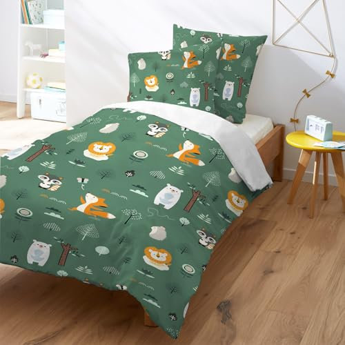 Yasida BettwäSche Wald Dunkelgrün 140x200 BettwäSche Waldtiere Mit Niedlichen Motiven Von Löwe Fuchs Und Eisbär FüR Jungen/MäDchen Kinder Mikrofaser BettwäSche 140x200 Mit 1 Kopfkissenbezug 65x65cm