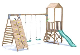 Dunster House Climbing Frame with Double Swing, Low Platform, Tall Climbing Wall & Slide SquirrelFort