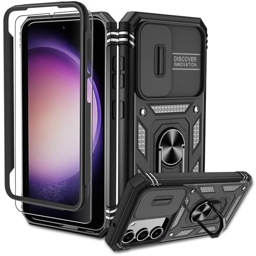 Pilaru Samsung Galaxy S23 Hülle, S23 Kameraschutz Handyhülle mit 1 Stück Schutzfolie, 360° Drehhalter Ring Schutzhülle Militär Stoßfest Kratzfest Outdoor Handy Hüllen für Samsung S23-Schwarz