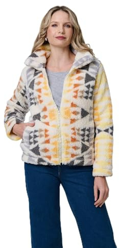Izabel London Aztec Print Relaxed Teddy Fur Jacket For Women UK with a collar, a zip front and a hip length hem.