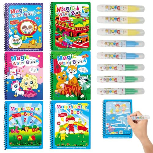 AYSYR 7 Stück Water Art Magische Wasser-Marker,Wassermalbuch Bequemlichkeit,Wasser Malbuch Fördert die Kreativität Kinder,Wasserzauber Malbuch Wiederverwendbar,Magic Water Colouring Book mit 7 Stift