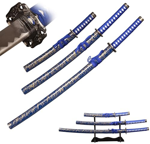 LQZJG Satz von 3-japanischen Katana Handmade Casting Sharp 1065 Kohlenstoffstahl Katana Schwert Real Blue, Goldlinie Textur, Schauplatz Schwert Rahmen