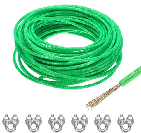 QUARKZMAN 6mm (1/4 Pouce) Câble Acier Gainé Vinyle Vert, 30m /98ft Câble Acier Galvanisé Avec 6 Manchons Boucle M6 Pour suspendu éclairage, Balustrade Terrasse, Fil Jardin