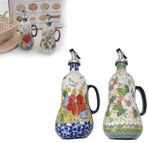 Lot de 2 flacons distributeurs d'huile ou de vinaigre en céramique de 652 g, bouteilles d'huile d'olive peintes à la main pour cuisine, huilier décoratif en grès avec bec verseur en acier inoxydable