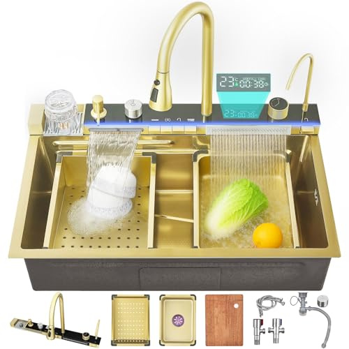 Ribanedy 68 cm Gold Smart Digital Display Waterfall Sink, 304 Stainless Steel Modern Kitchen Sink with 5 Water Outlet Modes, Waterfall Pull-Out Faucet, Cup Washers and Accessory Set