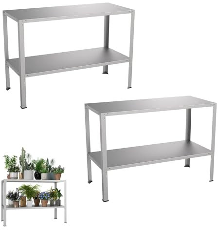 YRHome 2-Ebenen Schwerlastregal Lagerregal Kellerregal 114 × 50 × 80 cm Stahlgestell Werkstattregal Steckregal Metallregal Pflanzenregal verzinkte einfache Montage Tragkraft bis 300KG (2 Stück)