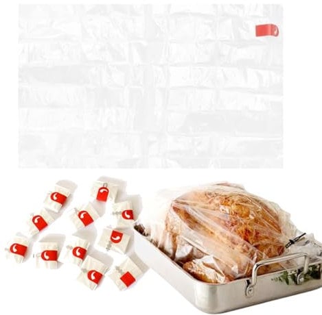 Bolsas para asar resistentes al calor de 25 x 38 cm, aptas para horno y microondas (75 min/220 °C), bolsas de plástico resistentes para cocinar pavo, pollo y carne, incluye bridas de PET (30 piezas)