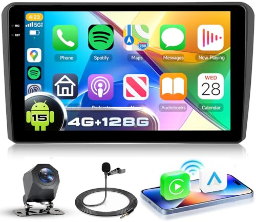VECHTEL 4G+128G Android 15 Radio Coche para Audi A3 2003-2013, 9 Pulgadas In-Cell HD Pantalla Táctil con Carplay Android Auto Inalámbrico, Autoradio Soporte GPS Wi-Fi USB Bluetooth Radio FM RDS Cámara