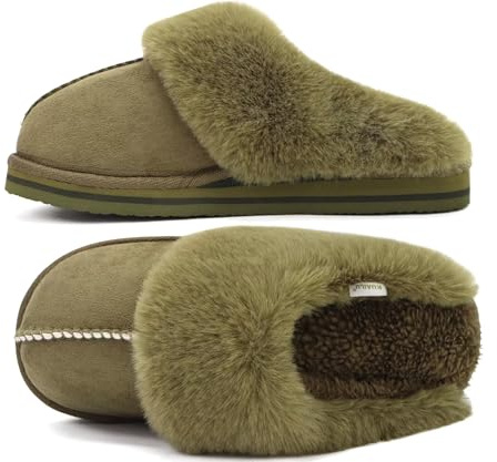 KuaiLu Womens Plush Slippers Ladies Cosy Memory Foam Warm Winter Mule Slip on Comfy Arch Support House Shoes with Non-Slip Indoor Outdoor Hard Sole Olive Green Size 4
