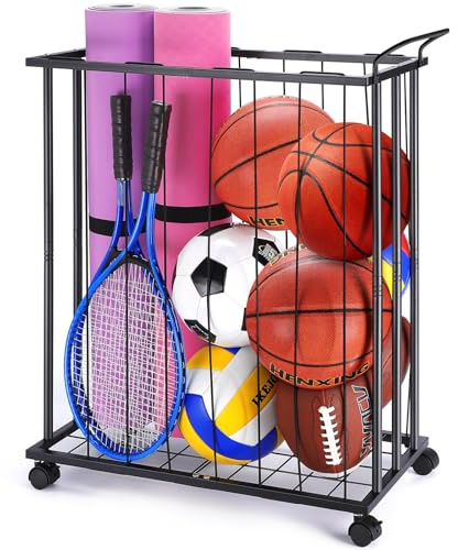 TOBWOLF Garage Veranstalter Ballständer, Ballaufbewahrung Outdoor mit Rädern, Abnehmbares Ball Aufbewahrung, Basketball Halter für Basketball, Fußball, Football, Volleyball