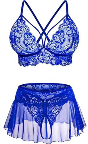 JFAN Conjunto Lencería para Mujer 3 Piezas Transparente Cuello en V de Encaje Mini Babydoll Floral Conjunto de Push Up Sujetador y Tanga