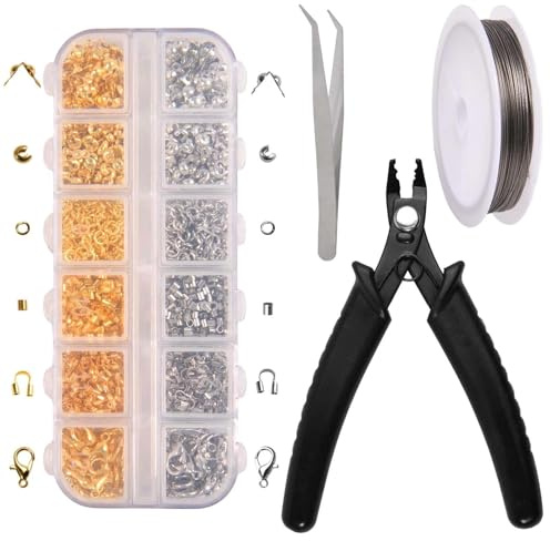 LEONTOOL 1200 Pcs Crimp Beads Kit for Jewelry Making, Including Crimp Beads, Crimps Covers, Crimps Tubes and Wire Guardians, Lobster Clasps, Jump Rings, Crimping Pliers, Beading Wire and Tweezer