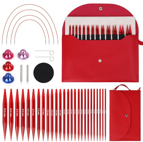 Coopay Auswechselbare Rundstricknadeln Set, 3,0-10,0 mm Rundstricknadeln (4 Längen verstellbar), Stricknadeln Rundstricknadel mit Aufbewahrungstasche,Austauschbare Rundstricknadel, Rot