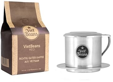 VietBeans KEO und Kaffeefilter Phin - Besonders schokoladiger Kaffee - Traditionelle vietnamesische Kaffeezubereitung - 250g gemahlener Röstkaffee