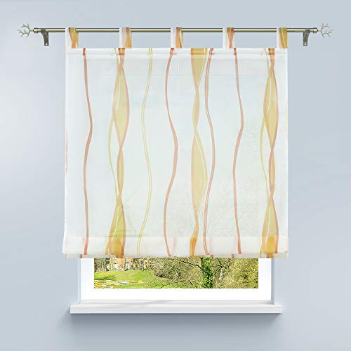 HongYa Raffrollo mit Wellen Druck Transparenter Voile Raffgardine Vorhang mit Schlaufen H/B 140/100 cm Creme Terra