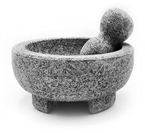 Granite Mortar and Pestle Set guacamole bowl Molcajete 8 Inch - Natural Stone Grinder for Spices, Seasonings, Pastes, Pestos and Guacamole - Extra Bonus Avocado Tool Included