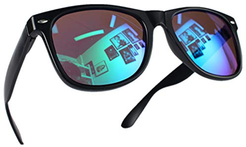 Miobo Retro Sonnenbrille, verspiegelt, Nerd-Design, Unisex, Club-Stil, UV400, XS, Schwarz Karibikblau