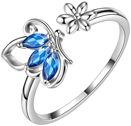 Aurora Tears Schmetterling verstellbare Ringe 925 Sterling Silber September Birthstone Blue Sapphire Eröffnung Ring Tiere Schmuck für Frauen und Mädchen DR0077S