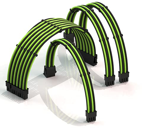 LINKUP - AVA 30cm PSU Cable Extension Sleeved Custom Mod GPU PC Braided w/Comb Kit | 1 x 24 P (20+4) | 1 x 8 P (4+4) CPU | 2 x 8 P (6+2) GPU set | 300mm - GreenBlack