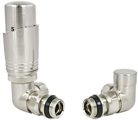 Hot Flow Satin Nickel Cascade Corner Modern TRV Thermostatic Radiator Valve (Pair) Includes A Corner TRV Body & One Lock Shield. for Quick & Easy Temperature Control. Perfect for Energy Saving.