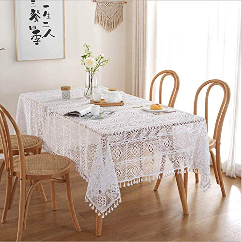 BMIDRUT Weiße Baumwoll-Tischdecken, Spitzendeckchen, Vintage, rechteckig, gehäkelt, Tischdecke, Tischdekoration, Hochzeit, Zuhause, Party, Tischdekoration, 140 x 100 cm