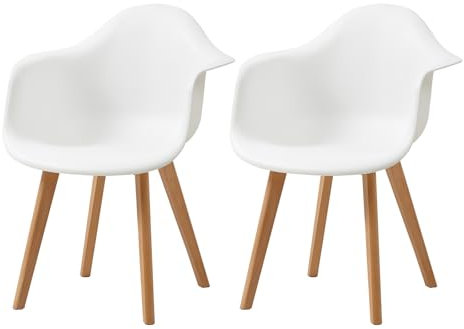 GrandCA HOME Lot de 2 Chaises de Salle à Manger Fauteuils avec Pieds en Bois, Siège en Polypropylène Premuim, Chaises de Cuisine avec Accoudoir pour Salon, Salon Bureau(Blanc)