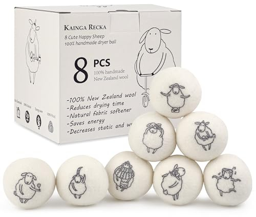 Kainga Recka Wool Dryer Balls, 8PCS Dryer Balls with Happy Sheep - Natural & Organic, 100% New Zealand Wool Handmade, Chemical-Free Reusable Laundry Balls, Anti-Static Reduce Wrinkles and Save Time