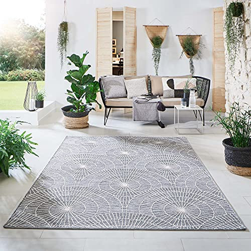 Steffensmeier Indoor Outdoor Teppich Nyland wasserfest Kunststoff Balkon Garten Flur, strapazierfähig und pflegeleicht, Kreise Grau, Größe: 80x150 cm