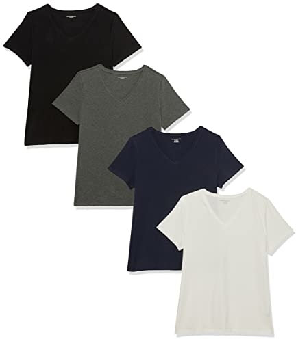 Amazon Essentials Women's Regular-Fit Short-Sleeve V-Neck T-Shirt, Pack of 4, White/Charcoal Heather/Navy, XXL