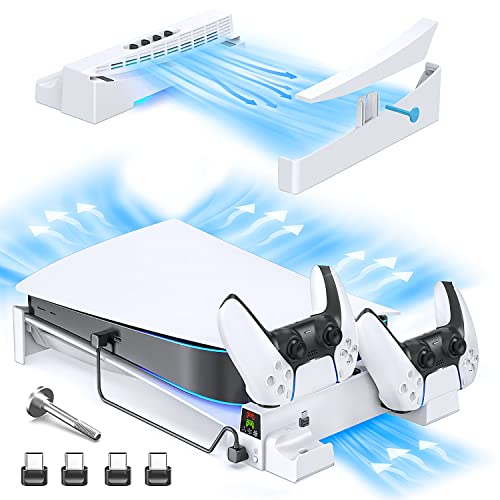 PS5 Support Horizontal avec Ventilateur de Refroidissement à 3 Niveaux, Support Horizontal PS5 et Chargeur Manette PS5, Station de Charge et Accessoire pour PlayStation 5