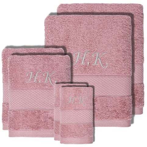 Personalisierte Tücher Set Bestickt - Badetücher mit Name oder Initialen Bestickt - Weich und saugfähig, 100% Baumwolle (2 Gästetuch + 2 Handtuch + 2 Duschtuch, Gepuderte Rosa)