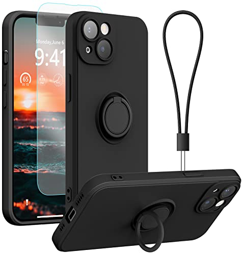 pcgaga Silicone Phone Case for iPhone 14 Plus with Screen Protector [Ring Holder Stand] [Wrist Strap] [Microfiber Lining] Slim Shockproof Protective Cover, 6.7 Inch, Black