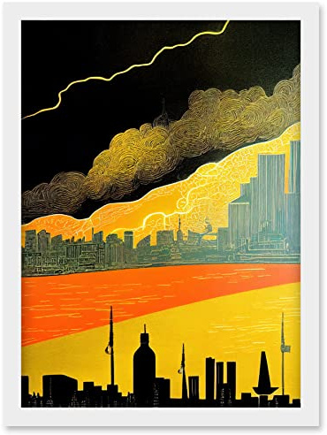 Wee Blue Coo Modern Black Yellow Orange Linocut London Skyline Cityscape Storm Lightning Artwork Framed Wall Art Print A4