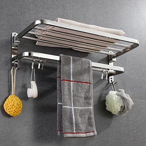 yozhch Wall Mounted Towel Rack with Double Bars, Stainless Steel Silver Towel Rails with Shelf, Foldable Bathroom Towel Holder with Hooks (15-Inch)