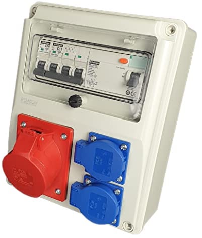 RoadEu - Coffret de chantier Distributeur de courant 16A 5P, 2x Prises 230V - Disjoncteur différentiel 25A, A/AC, LS C16A - IP44 idéal pour les ateliers, les garages et les usines